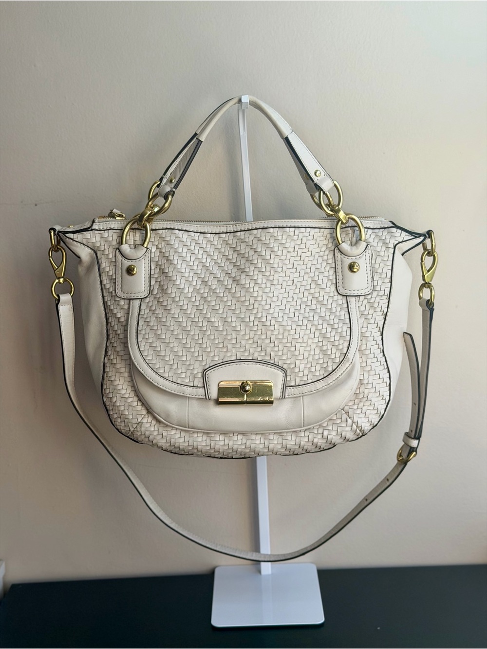 Vintage Coach Kristin Woven Leather Satchel Bag - cream color with pink lining